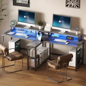 Two Person Desk with Monitor Stand, 83.7 Inch Extra Long Computer Desk with Storage Shelves, Double Long Study Writing Workstation for Home Office, Grey Oak Two Person Desk with Monitor Stand, 83.7 Inch Extra Long Computer Desk with Storage Shelves, Double Long Study Writing Workstation for Home Office, Grey Oak