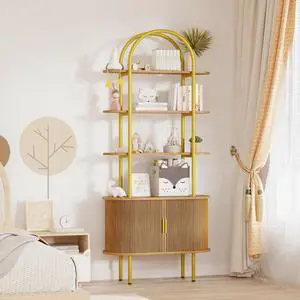 71" Tall Arched Bookshelf with Sliding Tambour Doors, Mid Century Modern Curved Metal Frame Bookcase, 4-Tier Storage Display Shelf for Living Room/Bedroom/Home Office (Natural) 71" Tall Arched Bookshelf with Sliding Tambour Doors, Mid Century Modern Curved Metal Frame Bookcase, 4-Tier Storage Display Shelf for Living Room/Bedroom/Home Office (Natural)