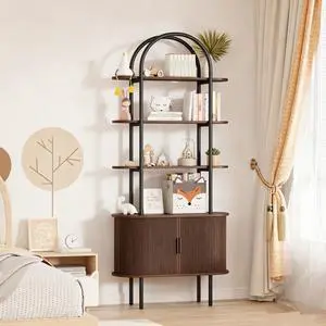 71" Tall Arched Bookshelf with Sliding Tambour Doors, Mid Century Modern Curved Metal Frame Bookcase, 4-Tier Storage Display Shelf for Living Room/Bedroom/Home Office (Walnut) 71" Tall Arched Bookshelf with Sliding Tambour Doors, Mid Century Modern Curved Metal Frame Bookcase, 4-Tier Storage Display Shelf for Living Room/Bedroom/Home Office (Walnut)