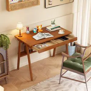 100% Solid Wood Writing Desk - 39.4" Mid Century Modern Home Office Desks, Small Computer Desk for Small Spaces with 2 Drawers and Storage Shelf, Laptop Study Table for Bedroom/Living Room, Walnut 100% Solid Wood Writing Desk - 39.4" Mid Century Modern Home Office Desks, Small Computer Desk for Small Spaces with 2 Drawers and Storage Shelf, Laptop Study Table for Bedroom/Living Room, Walnut