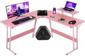 L Shaped Gaming Desk with Monitor Riser Stand, Home Office Corner Desk for Studying, Working and Gaming, Large Desktop, Pink L Shaped Gaming Desk with Monitor Riser Stand, Home Office Corner Desk for Studying, Working and Gaming, Large Desktop, Pink