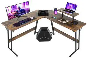 L Shaped Gaming Desk with Monitor Riser Stand, Home Office Corner Desk for Studying, Working and Gaming, Large Desktop, Brown L Shaped Gaming Desk with Monitor Riser Stand, Home Office Corner Desk for Studying, Working and Gaming, Large Desktop, Brown