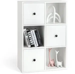 6-Cube Bookcase with Drawers, 3-Tier Freestanding Wooden Bookshelf with Anti-toppling Device, Wood Cube Storage Organizer for Kids Room, Living Room, Study, Bedroom, White 6-Cube Bookcase with Drawers, 3-Tier Freestanding Wooden Bookshelf with Anti-toppling Device, Wood Cube Storage Organizer for Kids Room, Living Room, Study, Bedroom, White