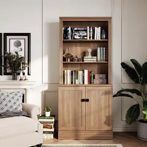 Farmhouse Bookcase with Doors, 72" Tall 5Tier Bookshelf with Adjustable Shelves & Storage Cabinet, Display Bookshelves for Living Room, Study, Home Office.Oak Farmhouse Bookcase with Doors, 72" Tall 5Tier Bookshelf with Adjustable Shelves & Storage Cabinet, Display Bookshelves for Living Room, Study, Home Office.Oak