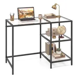 Computer Desk, 42 Inch Home Office Desk with Tempered Glass, Storage Shelves & Metal Frame, Modern Work PC Desk, Study Writing Table for Small Space, Black Computer Desk, 42 Inch Home Office Desk with Tempered Glass, Storage Shelves & Metal Frame, Modern Work PC Desk, Study Writing Table for Small Space, Black