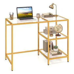 Computer Desk, 42 Inch Home Office Desk with Tempered Glass, Storage Shelves & Metal Frame, Modern Work PC Desk, Study Writing Table for Small Space Computer Desk, 42 Inch Home Office Desk with Tempered Glass, Storage Shelves & Metal Frame, Modern Work PC Desk, Study Writing Table for Small Space