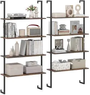 4 Tier Modern Wall Mounted Bookshelf Set of 2, 64" Industrial Rustic Brown Wood Bookcase with Metal Frame, Display Storage Rack Organizer, Ladder Shelf Bookcase for Living Room, Kitchen 4 Tier Modern Wall Mounted Bookshelf Set of 2, 64" Industrial Rustic Brown Wood Bookcase with Metal Frame, Display Storage Rack Organizer, Ladder Shelf Bookcase for Living Room, Kitchen