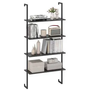 4 Tier Modern Wall Mounted Bookshelf, 64" Industrial Wood Bookcase with Metal Frame, Display Storage Rack Organizer, Ladder Shelf Bookcase for Living Room, Kitchen (1, Black) 4 Tier Modern Wall Mounted Bookshelf, 64" Industrial Wood Bookcase with Metal Frame, Display Storage Rack Organizer, Ladder Shelf Bookcase for Living Room, Kitchen (1, Black)