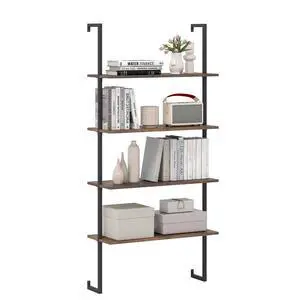 4 Tier Modern Wall Mounted Bookshelf Rustic Brown, 64" Industrial Wood Bookcase with Metal Frame, Display Storage Rack Organizer, Ladder Shelf Bookcase for Living Room, Kitchen 4 Tier Modern Wall Mounted Bookshelf Rustic Brown, 64" Industrial Wood Bookcase with Metal Frame, Display Storage Rack Organizer, Ladder Shelf Bookcase for Living Room, Kitchen