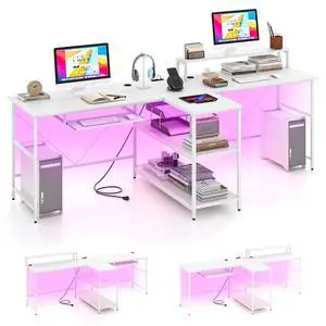2-Person Reversible Computer Desk with LED Lights, 94.5 Long Office Desk with Power Outlets, Monitor Stand, Keyboard Tray & 2 Storage Shelves, Double Desk for Gaming Working Writing (White) 2-Person Reversible Computer Desk with LED Lights, 94.5 Long Office Desk with Power Outlets, Monitor Stand, Keyboard Tray & 2 Storage Shelves, Double Desk for Gaming Working Writing (White)