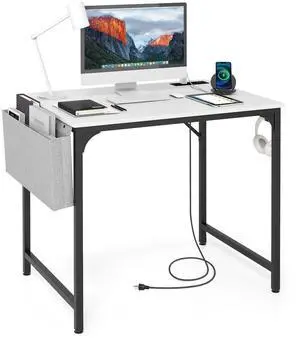32 Computer Desk with Charging Station, Modern Simple Study Writing Desk with Storage Bag, Headphone Hook, Sturdy Metal Frame, Home Office Workstation 32 Computer Desk with Charging Station, Modern Simple Study Writing Desk with Storage Bag, Headphone Hook, Sturdy Metal Frame, Home Office Workstation
