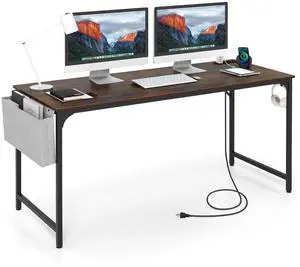60 Large Computer Desk with Charging Station, Modern Simple Study Writing Desk with Storage Bag, Headphone Hook, Sturdy Metal Frame, Home Office Workstation 60 Large Computer Desk with Charging Station, Modern Simple Study Writing Desk with Storage Bag, Headphone Hook, Sturdy Metal Frame, Home Office Workstation