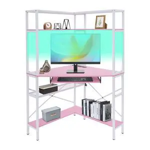 Corner Desk, Triangle Corner Computer Desk with 2 USB Ports and 2 AC sockets, Small Computer Desk with Hutch and LED Lights ComputerDesk for Small Space, Home Office Desk, Pink Corner Desk, Triangle Corner Computer Desk with 2 USB Ports and 2 AC sockets, Small Computer Desk with Hutch and LED Lights ComputerDesk for Small Space, Home Office Desk, Pink