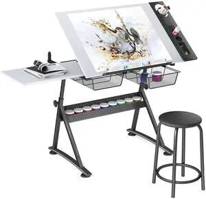 Adjustable Height Drafting Table with Wood Top, Art Craft Desk with Slide-Out Drawers, Storage, for Drawing, Writing, Painting, and Creative Tasks, Ideal for Home Office, White Adjustable Height Drafting Table with Wood Top, Art Craft Desk with Slide-Out Drawers, Storage, for Drawing, Writing, Painting, and Creative Tasks, Ideal for Home Office, White