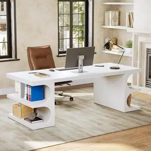 62.2-Inch Executive Desk, Modern Home Office Desks, Office Table with Storage Shelves for Workspace, Large Computer Desk, Long Contemporary Writing Desk, White 62.2-Inch Executive Desk, Modern Home Office Desks, Office Table with Storage Shelves for Workspace, Large Computer Desk, Long Contemporary Writing Desk, White