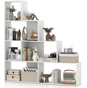 6 Cube Geometric Bookshelf White, 4-Tier L-Shaped Bookcase with Cubes, Freestanding Ladder Corner Display Shelf w/Anti-Toppling Kits, Modern Etagere Bookshelf for Living Room, Bedroom 6 Cube Geometric Bookshelf White, 4-Tier L-Shaped Bookcase with Cubes, Freestanding Ladder Corner Display Shelf w/Anti-Toppling Kits, Modern Etagere Bookshelf for Living Room, Bedroom
