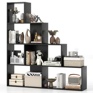 6 Cube Geometric Bookshelf, 4-Tier L-Shaped Bookcase with Cubes, Freestanding Ladder Corner Display Shelf w/Anti-Toppling Kits, Modern Etagere Bookshelf for Living Room, Bedroom (Black) 6 Cube Geometric Bookshelf, 4-Tier L-Shaped Bookcase with Cubes, Freestanding Ladder Corner Display Shelf w/Anti-Toppling Kits, Modern Etagere Bookshelf for Living Room, Bedroom (Black)
