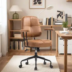 Home Office Desk Chair, Faux Leather, with Armrests & Wheels, Adjustable, Brown Home Office Desk Chair, Faux Leather, with Armrests & Wheels, Adjustable, Brown