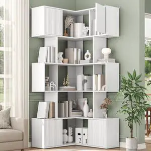 71 inch Corner Bookshelf, 5 Tier Storage Bookcase, L-Shaped Cube Bookshelf, Wood Modern Book Shelf Organizer for Living Room/Home Office/Bedroom Display Unit, White 71 inch Corner Bookshelf, 5 Tier Storage Bookcase, L-Shaped Cube Bookshelf, Wood Modern Book Shelf Organizer for Living Room/Home Office/Bedroom Display Unit, White