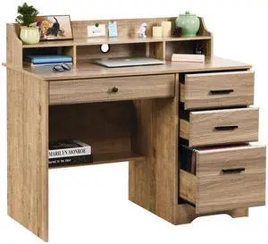 Computer Desk with 4 Drawers and Storage, Small Office Desk with File Drawers and Hutch, Farmhouse Wood Writing Student Table for Home Office, Bedroom, Wooden Grey Computer Desk with 4 Drawers and Storage, Small Office Desk with File Drawers and Hutch, Farmhouse Wood Writing Student Table for Home Office, Bedroom, Wooden Grey