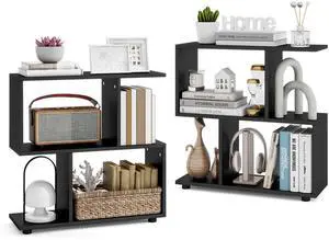 3-Tier Geometric Bookshelf Set of 2, S-Shaped Open Bookcase, Freestanding Decorative Storage Shelving, Home Storage Organizer for Living Room, Bedroom, Home Office (2, Black) 3-Tier Geometric Bookshelf Set of 2, S-Shaped Open Bookcase, Freestanding Decorative Storage Shelving, Home Storage Organizer for Living Room, Bedroom, Home Office (2, Black)