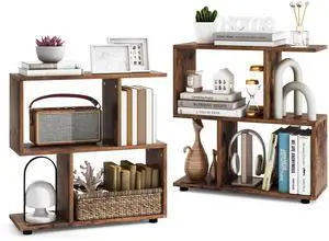 3-Tier Geometric Bookshelf Set of 2, S-Shaped Open Bookcase, Freestanding Decorative Storage Shelving, Home Storage Organizer for Living Room, Bedroom, Home Office (2, Rustic Brown) 3-Tier Geometric Bookshelf Set of 2, S-Shaped Open Bookcase, Freestanding Decorative Storage Shelving, Home Storage Organizer for Living Room, Bedroom, Home Office (2, Rustic Brown)