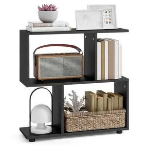 3-Tier Geometric Bookshelf, S-Shaped Open Bookcase, Freestanding Decorative Storage Shelving, Home Storage Organizer for Living Room, Bedroom, Home Office (1, Black) 3-Tier Geometric Bookshelf, S-Shaped Open Bookcase, Freestanding Decorative Storage Shelving, Home Storage Organizer for Living Room, Bedroom, Home Office (1, Black)