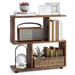 3-Tier Geometric Bookshelf, S-Shaped Open Bookcase, Freestanding Decorative Storage Shelving, Home Storage Organizer for Living Room, Bedroom, Home Office (1, Rustic Brown) 3-Tier Geometric Bookshelf, S-Shaped Open Bookcase, Freestanding Decorative Storage Shelving, Home Storage Organizer for Living Room, Bedroom, Home Office (1, Rustic Brown)