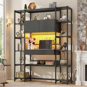5 Tiers Industrial Bookshelf, 70.87" Tall Bookshelves, Bookcase with 2 Doors, 12 Open Shelves, Drawer, Storage Cabinet, LED Light and Power Outlets for Living Room or Home Office, Black 5 Tiers Industrial Bookshelf, 70.87" Tall Bookshelves, Bookcase with 2 Doors, 12 Open Shelves, Drawer, Storage Cabinet, LED Light and Power Outlets for Living Room or Home Office, Black