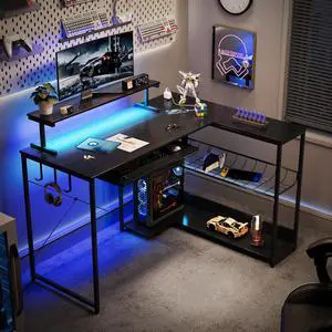 L Shaped Gaming Desk with Power Outlets & RGB Lights, 46'' L- Shaped Desk Computer Corner Desk with Monitor Stand & Storage Shelf & Hook, Home Office Desk Writing Desk, Black L Shaped Gaming Desk with Power Outlets & RGB Lights, 46'' L- Shaped Desk Computer Corner Desk with Monitor Stand & Storage Shelf & Hook, Home Office Desk Writing Desk, Black