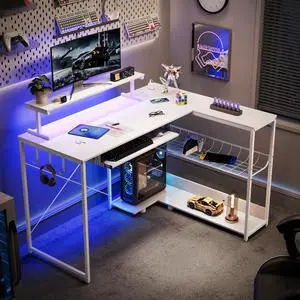 L Shaped Gaming Desk with Power Outlets & RGB Lights, 46'' L- Shaped Desk Computer Corner Desk with Monitor Stand & Storage Shelf & Hook, Home Office Desk Writing Desk, White L Shaped Gaming Desk with Power Outlets & RGB Lights, 46'' L- Shaped Desk Computer Corner Desk with Monitor Stand & Storage Shelf & Hook, Home Office Desk Writing Desk, White