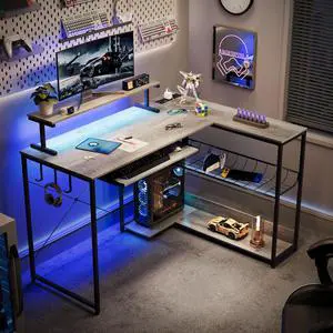 L Shaped Gaming Desk with Power Outlets & RGB Lights, 46'' L- Shaped Desk Computer Corner Desk with Monitor Stand & Storage Shelf & Hook, Home Office Desk Writing Desk, Grey L Shaped Gaming Desk with Power Outlets & RGB Lights, 46'' L- Shaped Desk Computer Corner Desk with Monitor Stand & Storage Shelf & Hook, Home Office Desk Writing Desk, Grey