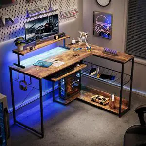 L Shaped Gaming Desk with Power Outlets & RGB Lights, 46'' L- Shaped Desk Computer Corner Desk with Monitor Stand & Storage Shelf & Hook, Home Office Desk Writing Desk, Brown L Shaped Gaming Desk with Power Outlets & RGB Lights, 46'' L- Shaped Desk Computer Corner Desk with Monitor Stand & Storage Shelf & Hook, Home Office Desk Writing Desk, Brown