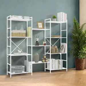 Triple Column 4 Tier Bookshelf, Industrial Triple Bookcase with 11 Open Display Shelves, Adjustable Wide Shelf for Living Room, Bedroom, Home and Office, White Triple Column 4 Tier Bookshelf, Industrial Triple Bookcase with 11 Open Display Shelves, Adjustable Wide Shelf for Living Room, Bedroom, Home and Office, White