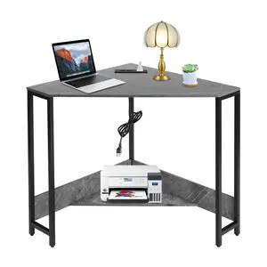 Corner Small Desk with Outlets, Triangle Desk with Storage, for Small Space Home Office, Workstation, Living Room, Bedroom (Grey) Corner Small Desk with Outlets, Triangle Desk with Storage, for Small Space Home Office, Workstation, Living Room, Bedroom (Grey)