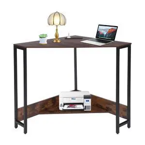Corner Small Desk with Outlets, Triangle Desk with Storage, for Small Space Home Office, Workstation, Living Room, Bedroom (Brown) Corner Small Desk with Outlets, Triangle Desk with Storage, for Small Space Home Office, Workstation, Living Room, Bedroom (Brown)