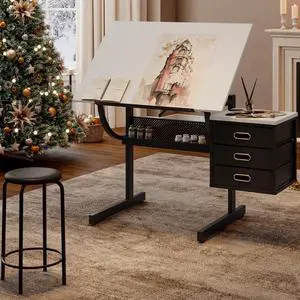 Drafting Table Desk w/Stool, Painting Drawing Table Art Craft Desk Crafting Table with MDF Top, 3 Storage Drawers and Powder-Coated Steel Frame (White) Drafting Table Desk w/Stool, Painting Drawing Table Art Craft Desk Crafting Table with MDF Top, 3 Storage Drawers and Powder-Coated Steel Frame (White)