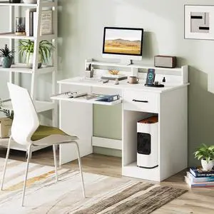White Desk with Drawers, Modern Home Office Desk with Keyboard Tray, Monitor Stand & Adjustable Shelf, PC Laptop Table Computer Workstation, Study Writing Desk for Small Spaces, Bedroom White Desk with Drawers, Modern Home Office Desk with Keyboard Tray, Monitor Stand & Adjustable Shelf, PC Laptop Table Computer Workstation, Study Writing Desk for Small Spaces, Bedroom