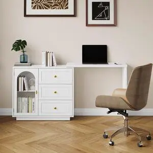 L Shaped Home Office Desk, Extendable and Rotatable Desk with 3 Drawers and Door, Corner Computer Desk, Modern Study Writing Table for Bedroom, Home Office, White L Shaped Home Office Desk, Extendable and Rotatable Desk with 3 Drawers and Door, Corner Computer Desk, Modern Study Writing Table for Bedroom, Home Office, White