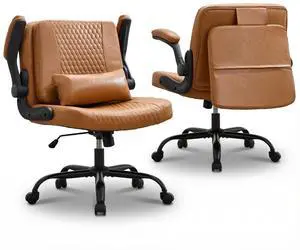 Criss Cross Chair with Flip-Up Arms and Wheels, Moveable Back Cushion Wide Seat Office Desk Chair, Height Adjustable Swivel Cross Legged Chair for Home Office, Study, Vanity (Brown) Criss Cross Chair with Flip-Up Arms and Wheels, Moveable Back Cushion Wide Seat Office Desk Chair, Height Adjustable Swivel Cross Legged Chair for Home Office, Study, Vanity (Brown)