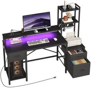 55" Gaming Desk with Power Outlet & LED Light, Computer Desk with Fabric Drawers, Storage Shelves & Monitor Stand, Industrial Gaming Table with Side Hook, Black 55" Gaming Desk with Power Outlet & LED Light, Computer Desk with Fabric Drawers, Storage Shelves & Monitor Stand, Industrial Gaming Table with Side Hook, Black