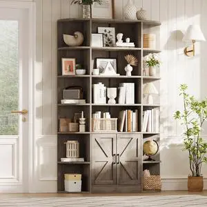 75in Tall Bookcase with Storage Cabinet, 6-Tier Wide Floor Bookshelf with Doors, Modern Wooden Standing Display Shelf Organizer for Home Office Living Room Bedroom, Grey 75in Tall Bookcase with Storage Cabinet, 6-Tier Wide Floor Bookshelf with Doors, Modern Wooden Standing Display Shelf Organizer for Home Office Living Room Bedroom, Grey