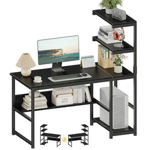 47" Computer Desk with Bookshelf & Storage Shelves, Home Office Desk with 4-Tier Open Shelves, Modern Writing Desk with Glossy Finish, Easy Clean Workstation for Study, Gaming, Bedroom, Black 47" Computer Desk with Bookshelf & Storage Shelves, Home Office Desk with 4-Tier Open Shelves, Modern Writing Desk with Glossy Finish, Easy Clean Workstation for Study, Gaming, Bedroom, Black