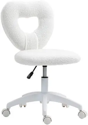 Armless Home Office Cute Desk Chair, Height Adjustable Computer Task Chair, Modern Teddy Fleece Heart Makeup Vanity Chair with Swivel Wheels, White Armless Home Office Cute Desk Chair, Height Adjustable Computer Task Chair, Modern Teddy Fleece Heart Makeup Vanity Chair with Swivel Wheels, White