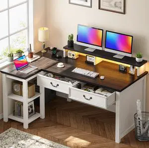 Farmhouse L Shaped Computer Desk with Drawers,Office Desk with Power Outlets & LED Lights,55" Desks with Monitor Stand & Storage Shelves for Bedroom,Study Writing Desks for Home Office Work Farmhouse L Shaped Computer Desk with Drawers,Office Desk with Power Outlets & LED Lights,55" Desks with Monitor Stand & Storage Shelves for Bedroom,Study Writing Desks for Home Office Work