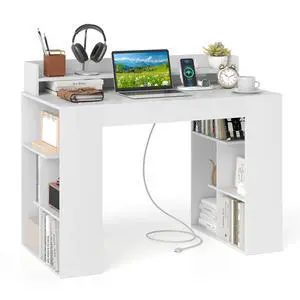 Computer Desk with Power Outlets, 43 Home Office Desk with Monitor Shelf & 2 Bookcases, Modern Writing Desk PC Workstation with Type C Charging for Bedroom Dorm (White) Computer Desk with Power Outlets, 43 Home Office Desk with Monitor Shelf & 2 Bookcases, Modern Writing Desk PC Workstation with Type C Charging for Bedroom Dorm (White)