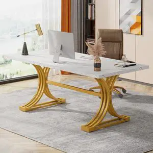 63-Inch Large Office Desk, Modern Rectangular Executive Desk with Stylish Gold Legs, Wood Faux Marble Table, Business Furniture for Home Office, White and Gold 63-Inch Large Office Desk, Modern Rectangular Executive Desk with Stylish Gold Legs, Wood Faux Marble Table, Business Furniture for Home Office, White and Gold