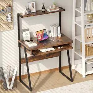 2 Tiers Small Computer Desk for Small Space, Compact Laptop Table Workstation with Keyboard Tray. Study PC Table for Home Office, Rustic Brown 2 Tiers Small Computer Desk for Small Space, Compact Laptop Table Workstation with Keyboard Tray. Study PC Table for Home Office, Rustic Brown