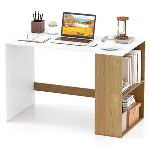 Small Desk with Bookshelf, 44 Inch Modern Computer Desk for Small Spaces, Laptop PC Desk, Vanity Table for Bedroom, Study Writing Desk for Home Office (White+Natural) Small Desk with Bookshelf, 44 Inch Modern Computer Desk for Small Spaces, Laptop PC Desk, Vanity Table for Bedroom, Study Writing Desk for Home Office (White+Natural)