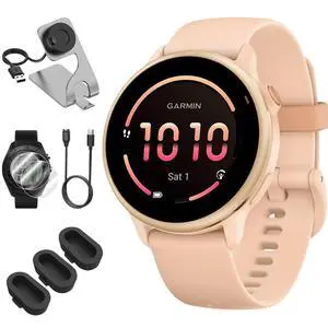 vivoactive 6, Health and Fitness GPS Smartwatch, AMOLED Display, Up to 11 Days of Battery, Pink Dawn with Silicone Band, 010-02985-03 - Bundle w/Deco Essentials Dock & USB-C Charger vivoactive 6, Health and Fitness GPS Smartwatch, AMOLED Display, Up to 11 Days of Battery, Pink Dawn with Silicone Band, 010-02985-03 - Bundle w/Deco Essentials Dock & USB-C Charger